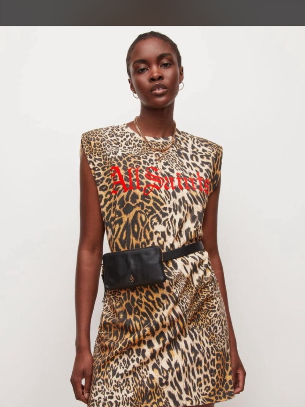 All Saints Leopard Print Sleeveless shirt dress with Red Script Logo